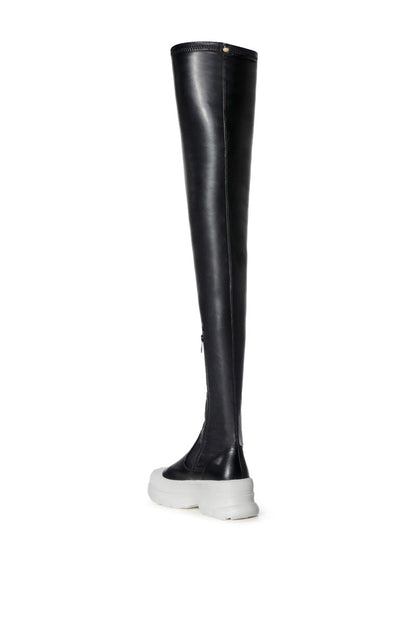 AZALEA WANG OH MY LOVE FAUX LEATHER THIGH HIGH FLATFORM SNEAKER BOOT WITH 4 WAY STRETCH IN BLACK