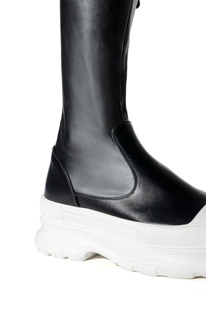 AZALEA WANG OH MY LOVE FAUX LEATHER THIGH HIGH FLATFORM SNEAKER BOOT WITH 4 WAY STRETCH IN BLACK